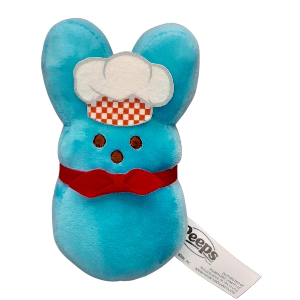 Peeps Plush Bunny Blue Chef Baker Hat Red Bow Tie Easter Stuffed Animal 6.5 inch